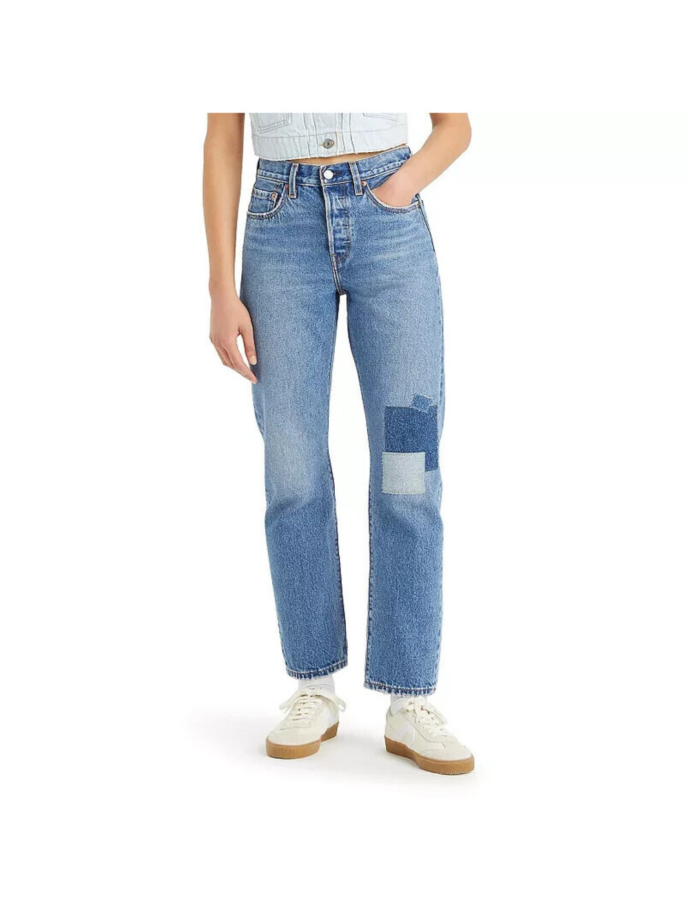 NWT Levis Premium 501 PATCH Straight Jeans 25x30 Womens Button Fly Distress $79